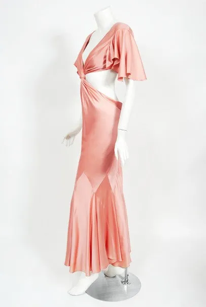 2004 Alexander McQueen Lifetime Runway Pink Silk Cut-Out Ruffle Gown