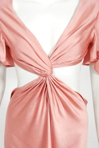 2004 Alexander McQueen Lifetime Runway Pink Silk Cut-Out Ruffle Gown