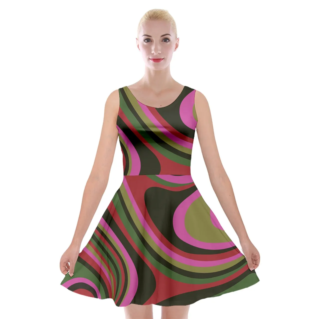 70s-Inspired Velvet Abstract Skater Dress | Retro Pink Brown Green Mini Dress for Fall/Winter