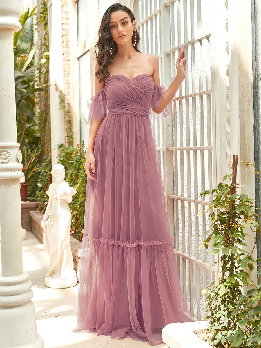 A-Line Gown with Layered Ruffles and Flutter Sleeves