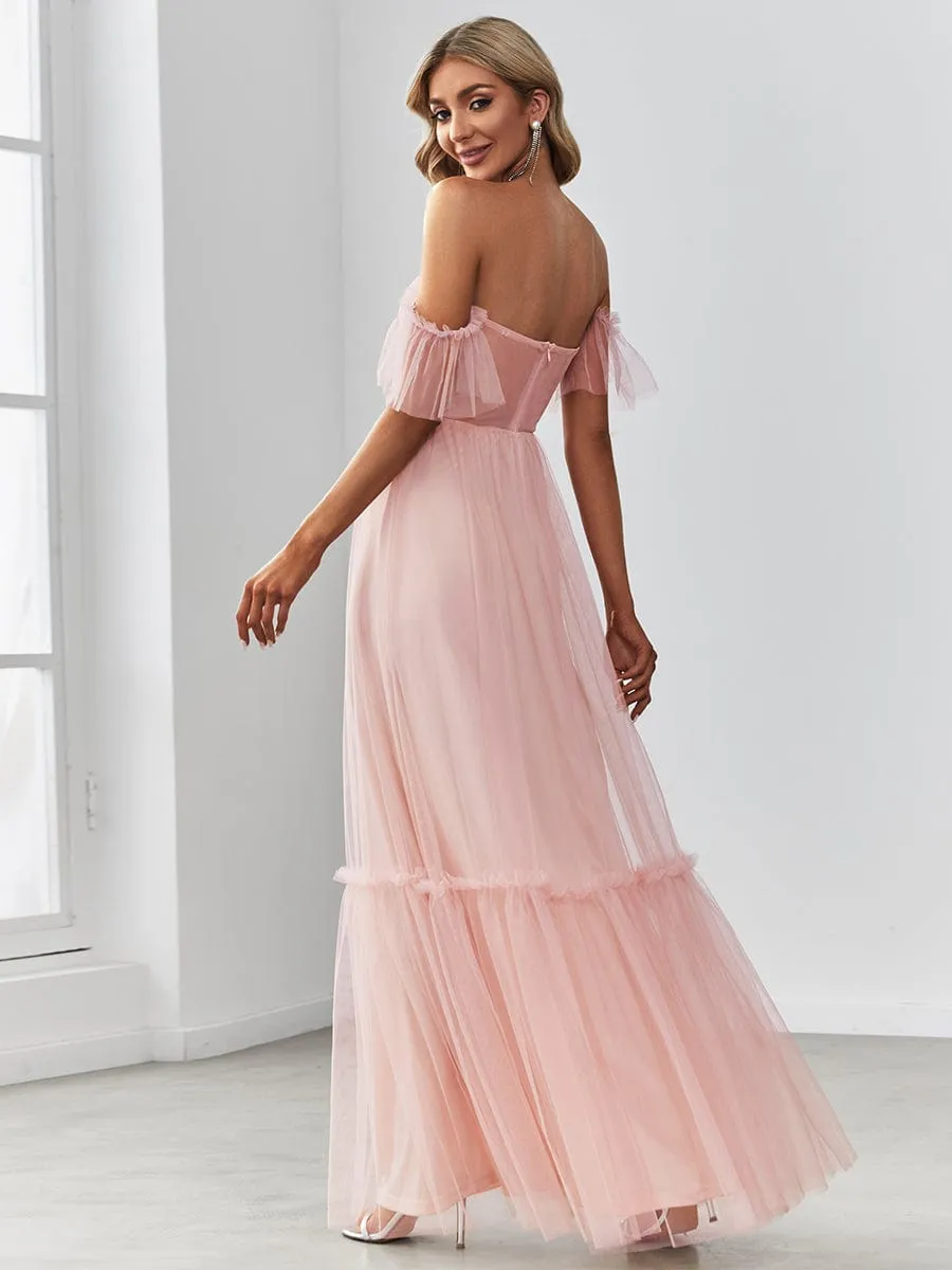 A-Line Gown with Layered Ruffles and Flutter Sleeves