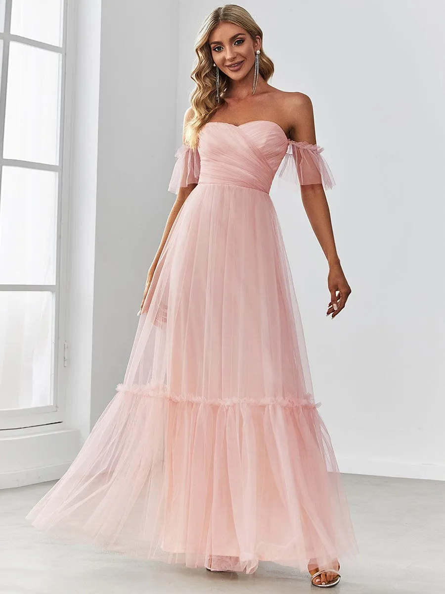 A-Line Gown with Layered Ruffles and Flutter Sleeves