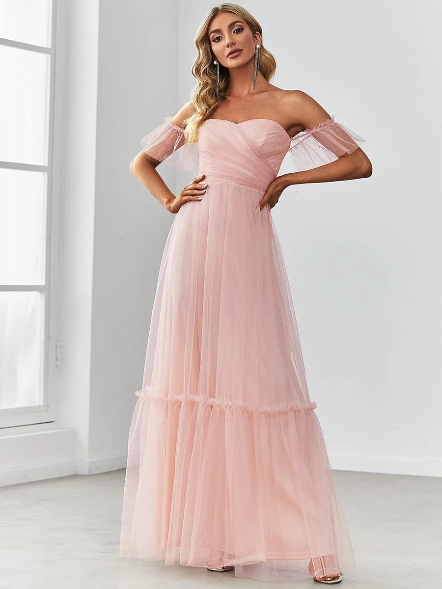 A-Line Gown with Layered Ruffles and Flutter Sleeves