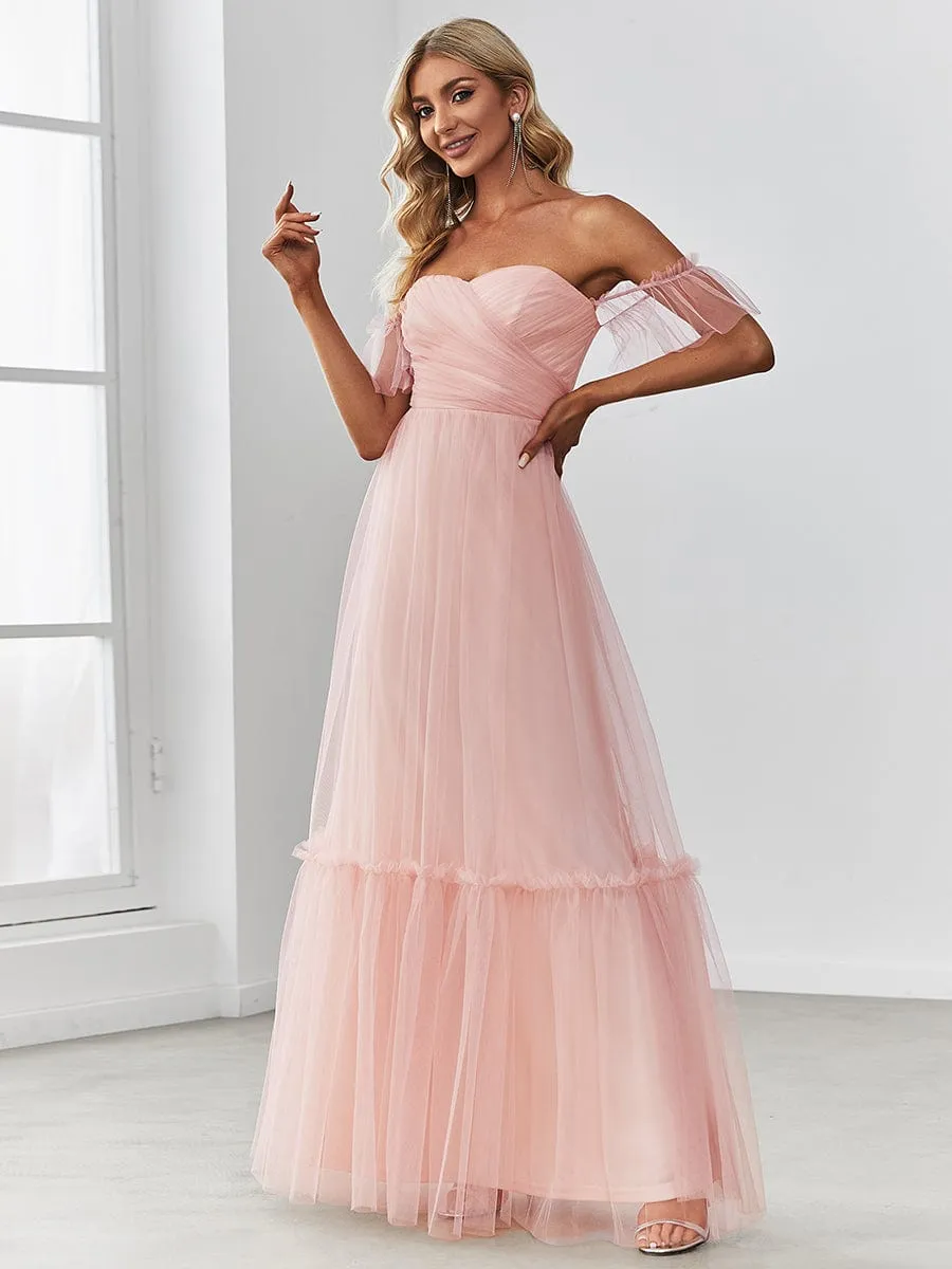 A-Line Gown with Layered Ruffles and Flutter Sleeves