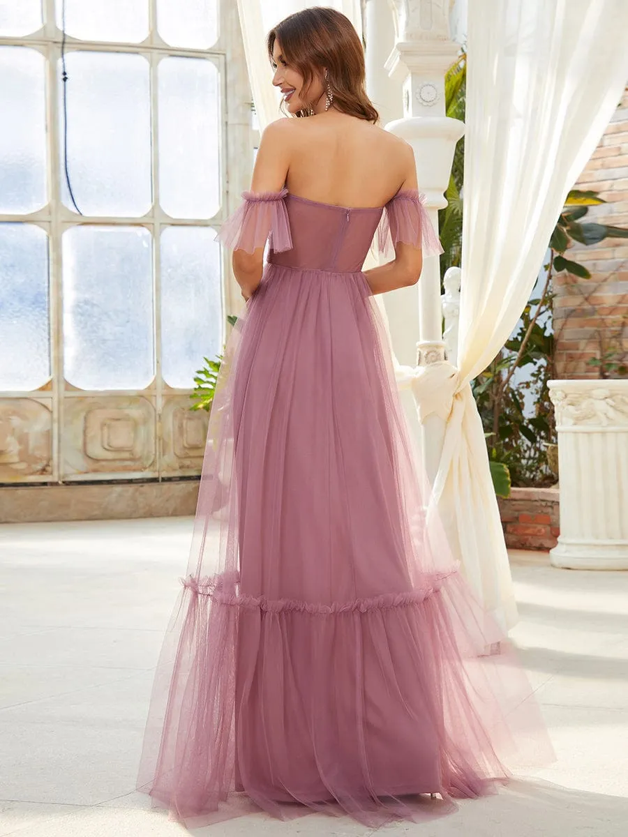 A-Line Gown with Layered Ruffles and Flutter Sleeves