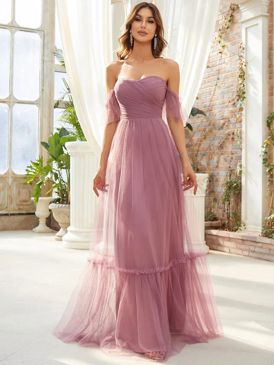 A-Line Gown with Layered Ruffles and Flutter Sleeves