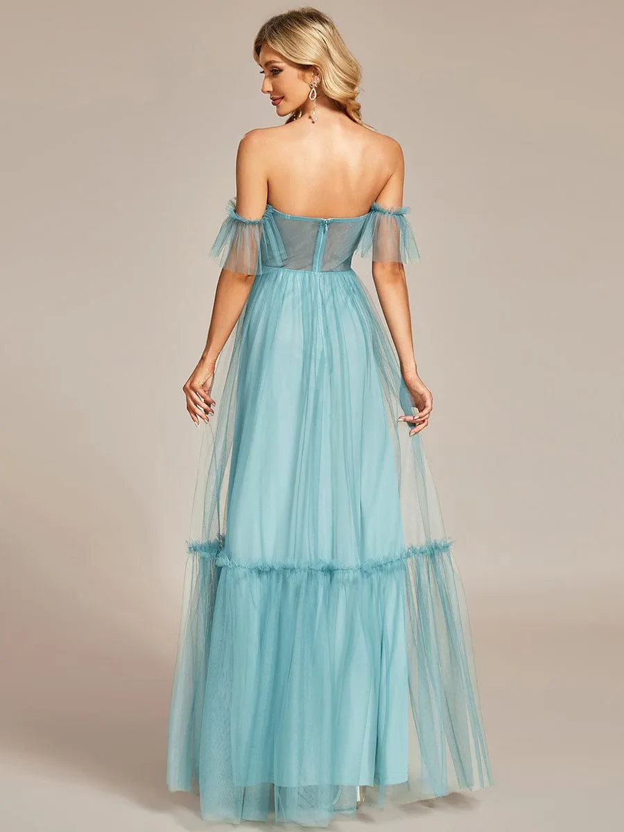 A-Line Gown with Layered Ruffles and Flutter Sleeves