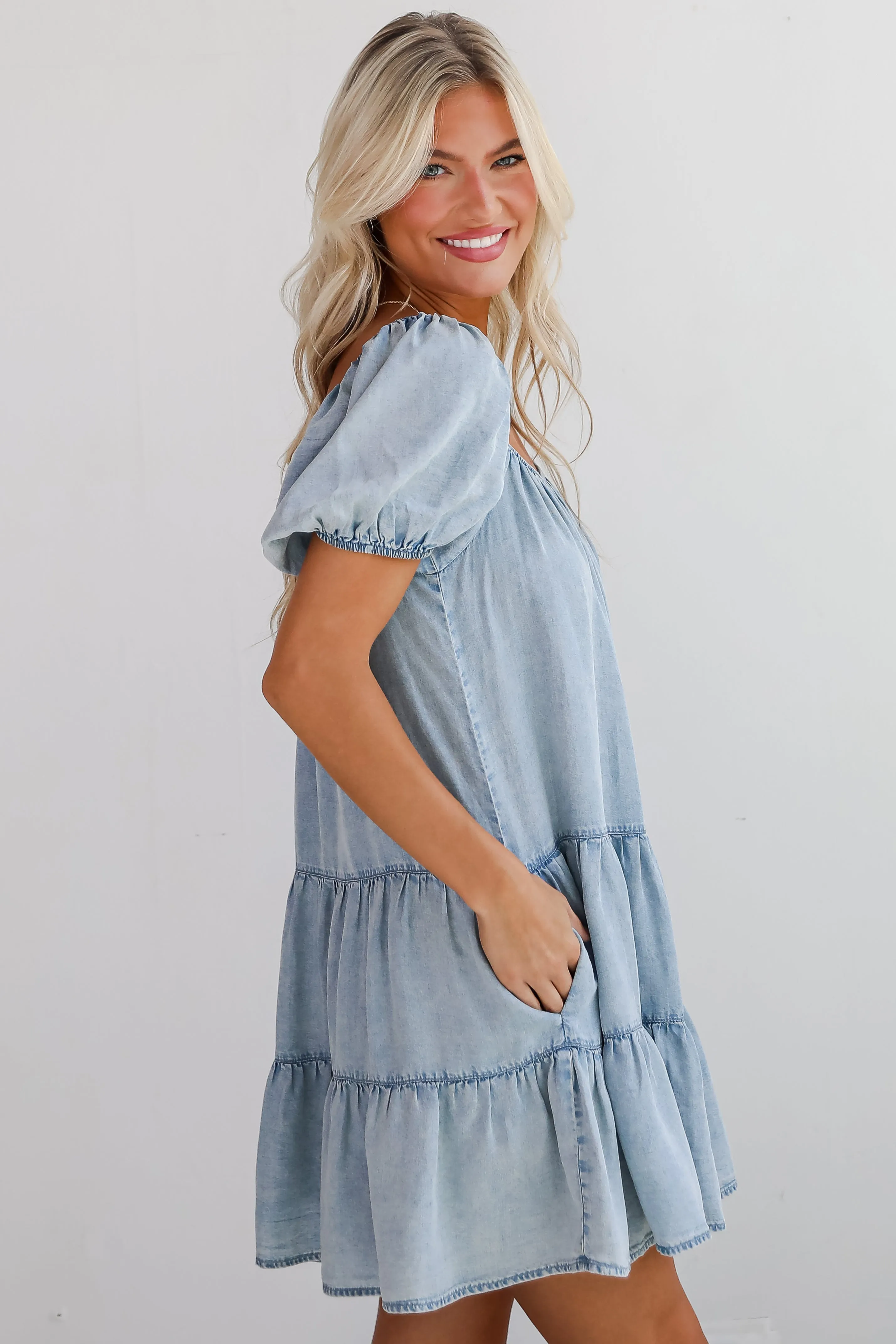 Aesthetic Charm Light Denim Tiered Mini Dress