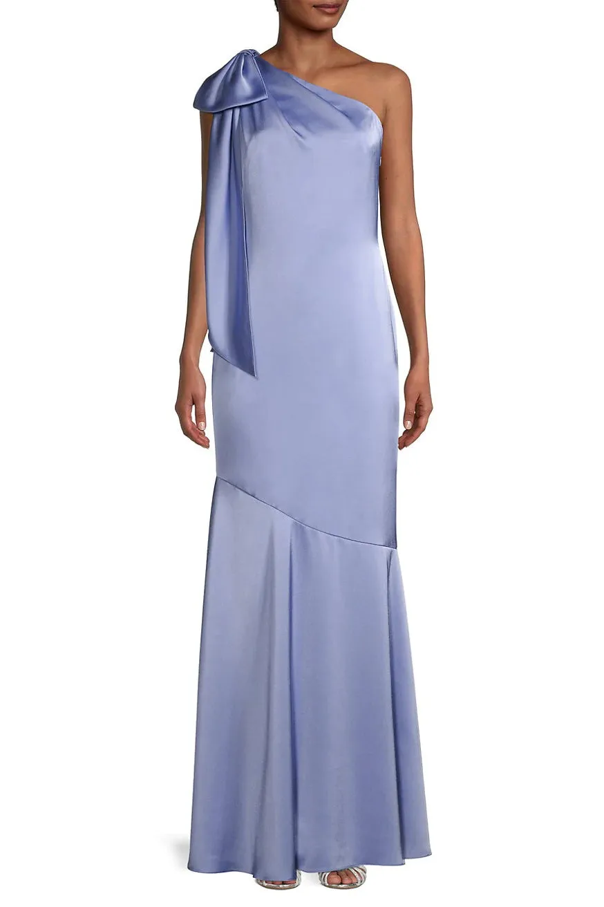 Aidan Mattox One Shoulder Sleeveless Bow Detail Back Zipper Bias Cut Long Gown