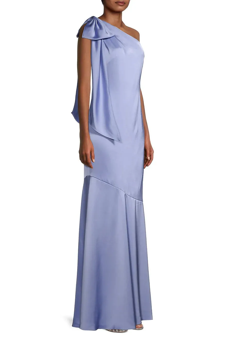 Aidan Mattox One Shoulder Sleeveless Bow Detail Back Zipper Bias Cut Long Gown