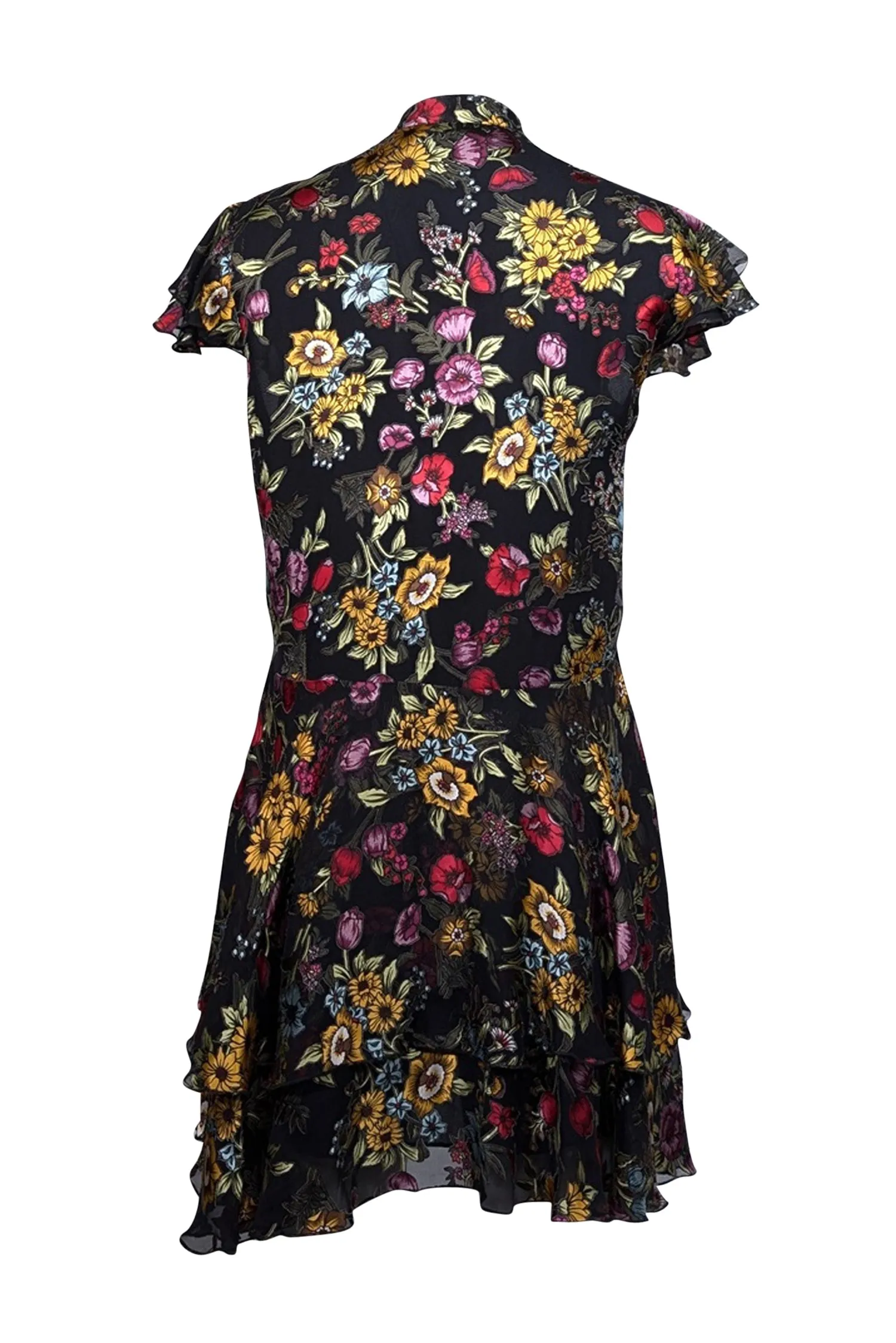 Alice & Olivia - Black w/ Multicolor Burnout Floral Print Ruffled Mini Dress Sz 4