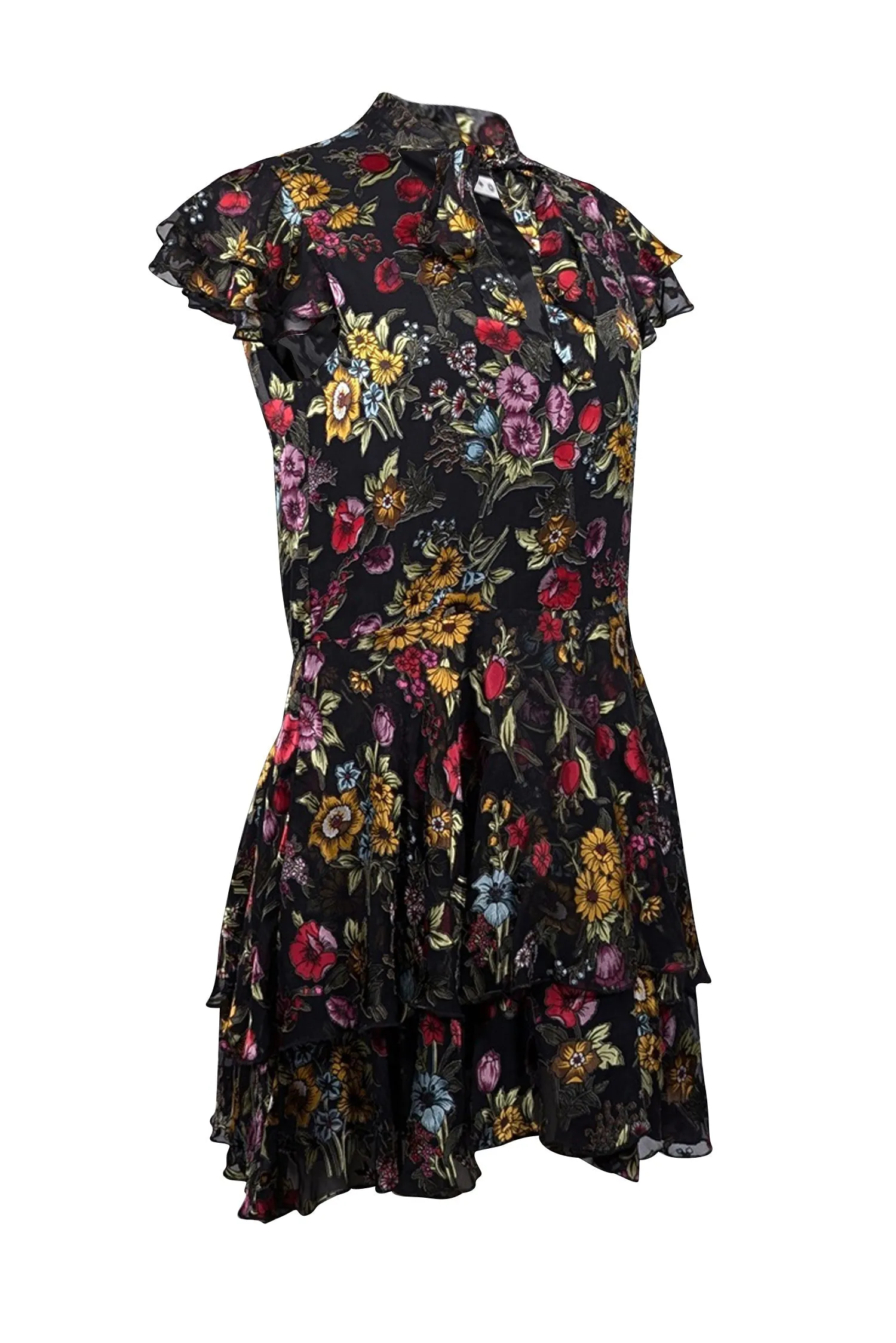 Alice & Olivia - Black w/ Multicolor Burnout Floral Print Ruffled Mini Dress Sz 4