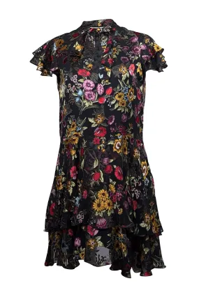 Alice & Olivia - Black w/ Multicolor Burnout Floral Print Ruffled Mini Dress Sz 4