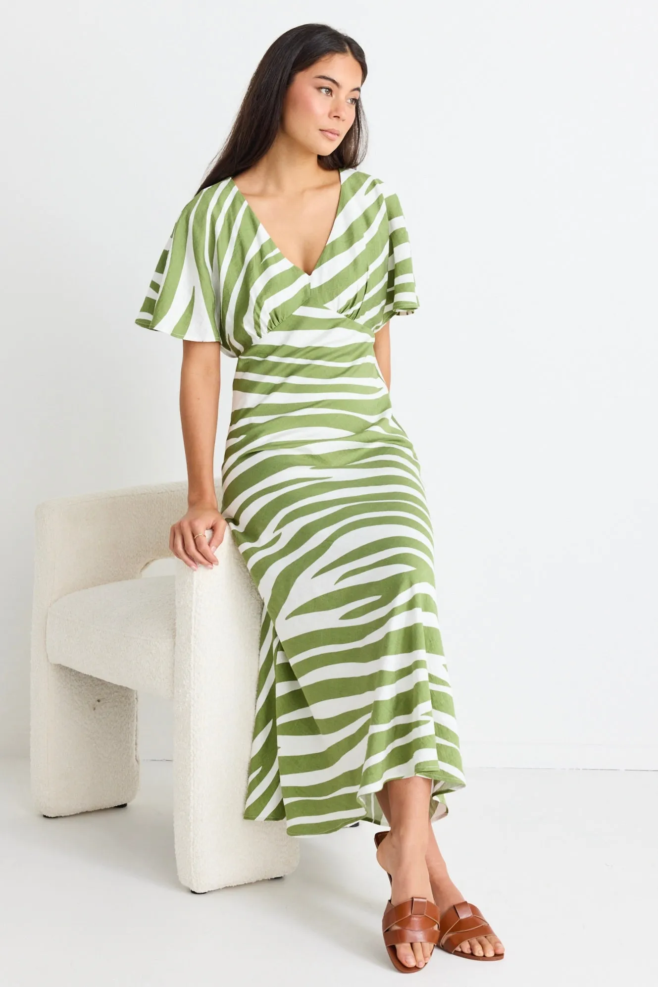 Anticipate Green Zebra Kimono Short Sleeve Bias Maxi Dress