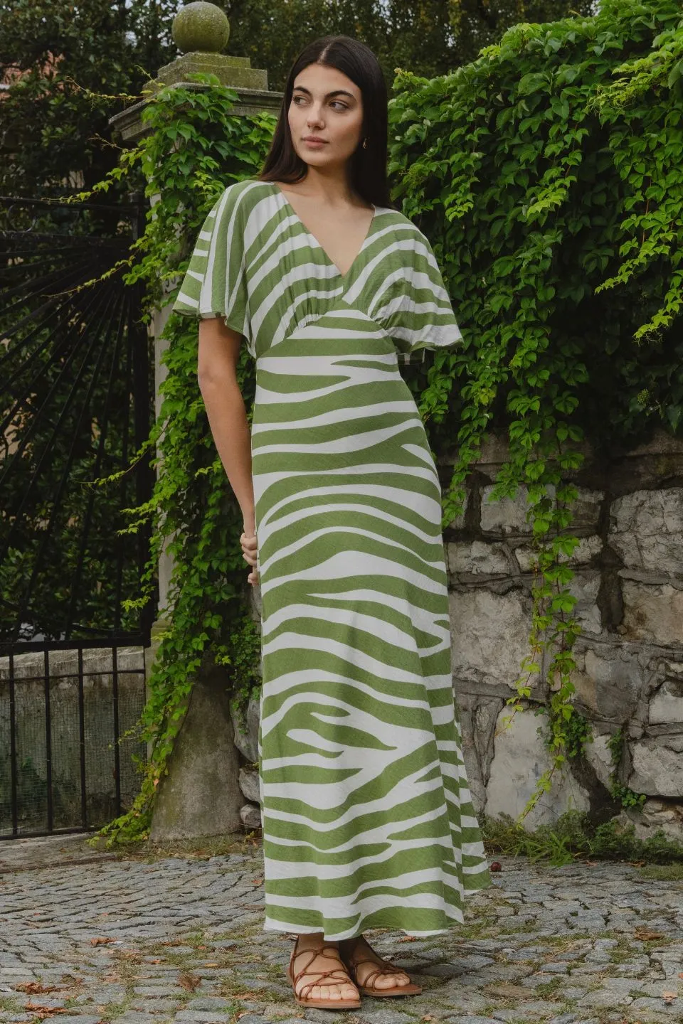 Anticipate Green Zebra Kimono Short Sleeve Bias Maxi Dress