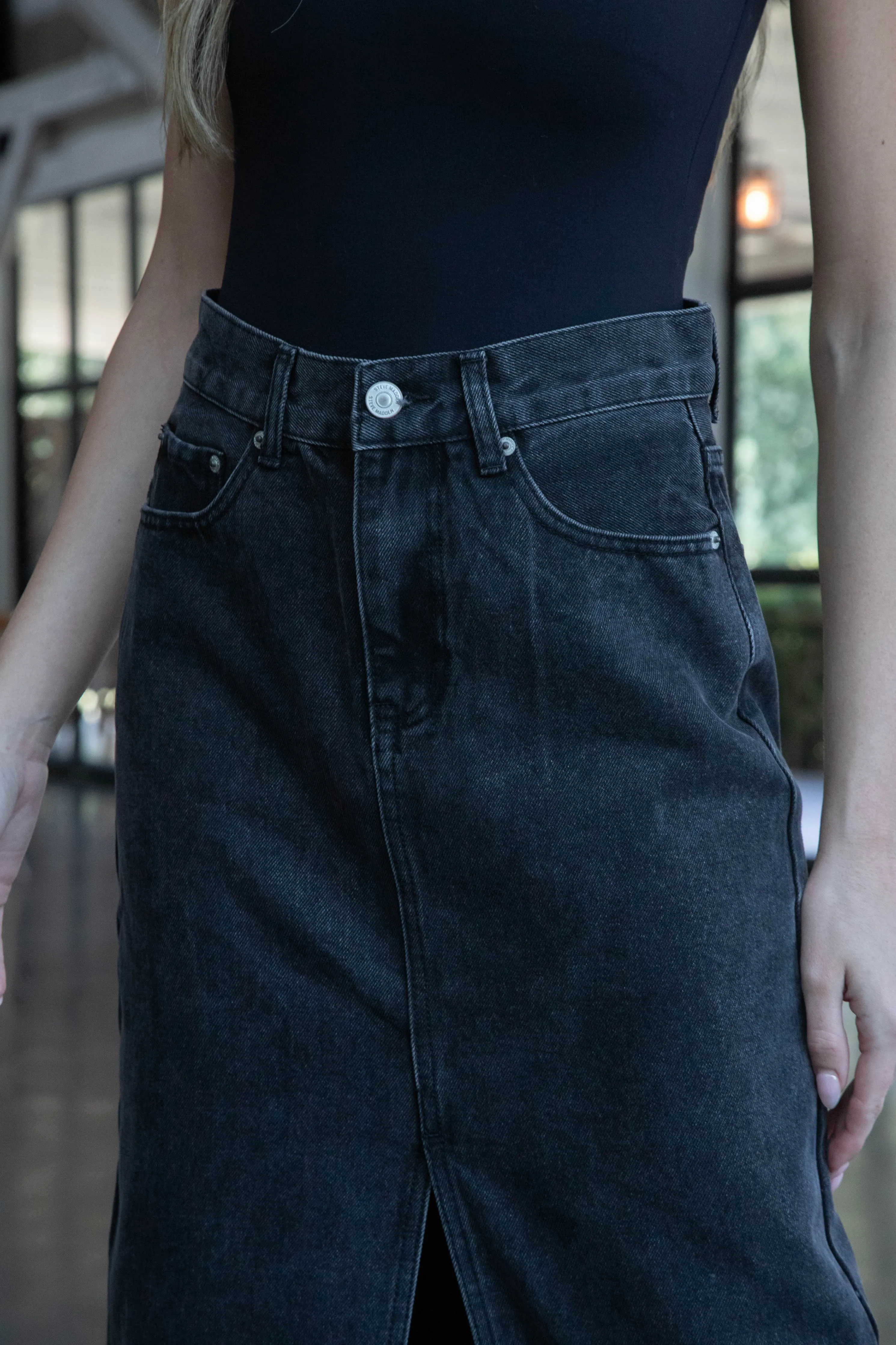 Avani Denim Skirt, Washed Black | Steve Madden