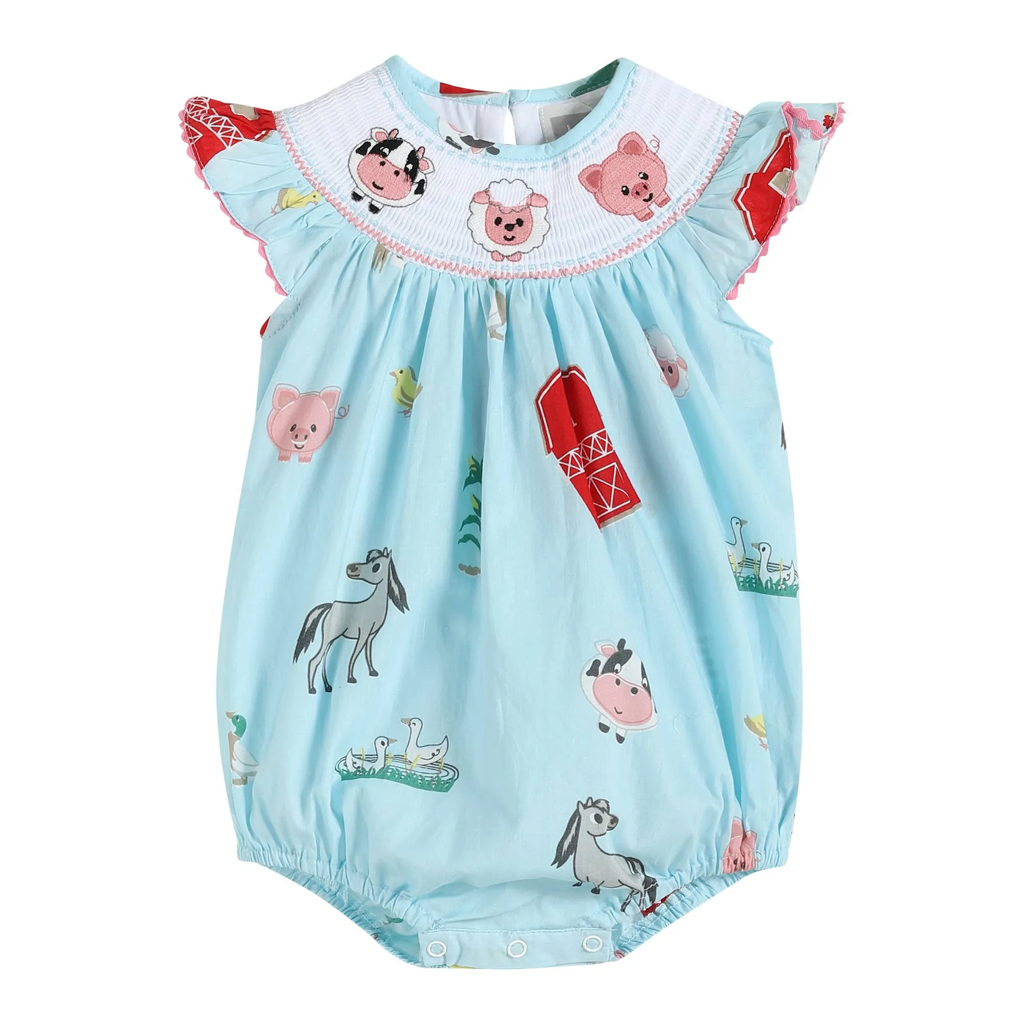 Barnyard Print Farm Animal Smocked Ruffle Baby Romper