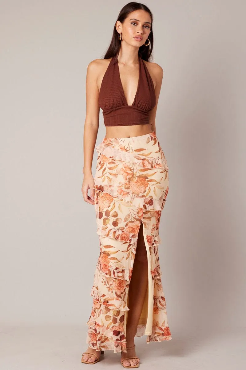 Beige Floral Ruffle Tiered Side Split Maxi Skirt