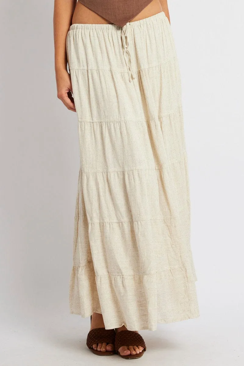 Beige Maxi Skirt Tiered High Rise Linen Blend