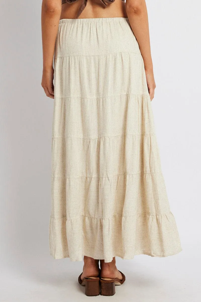 Beige Maxi Skirt Tiered High Rise Linen Blend