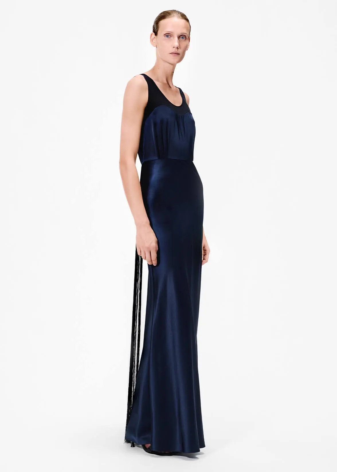 bias gown with fringe