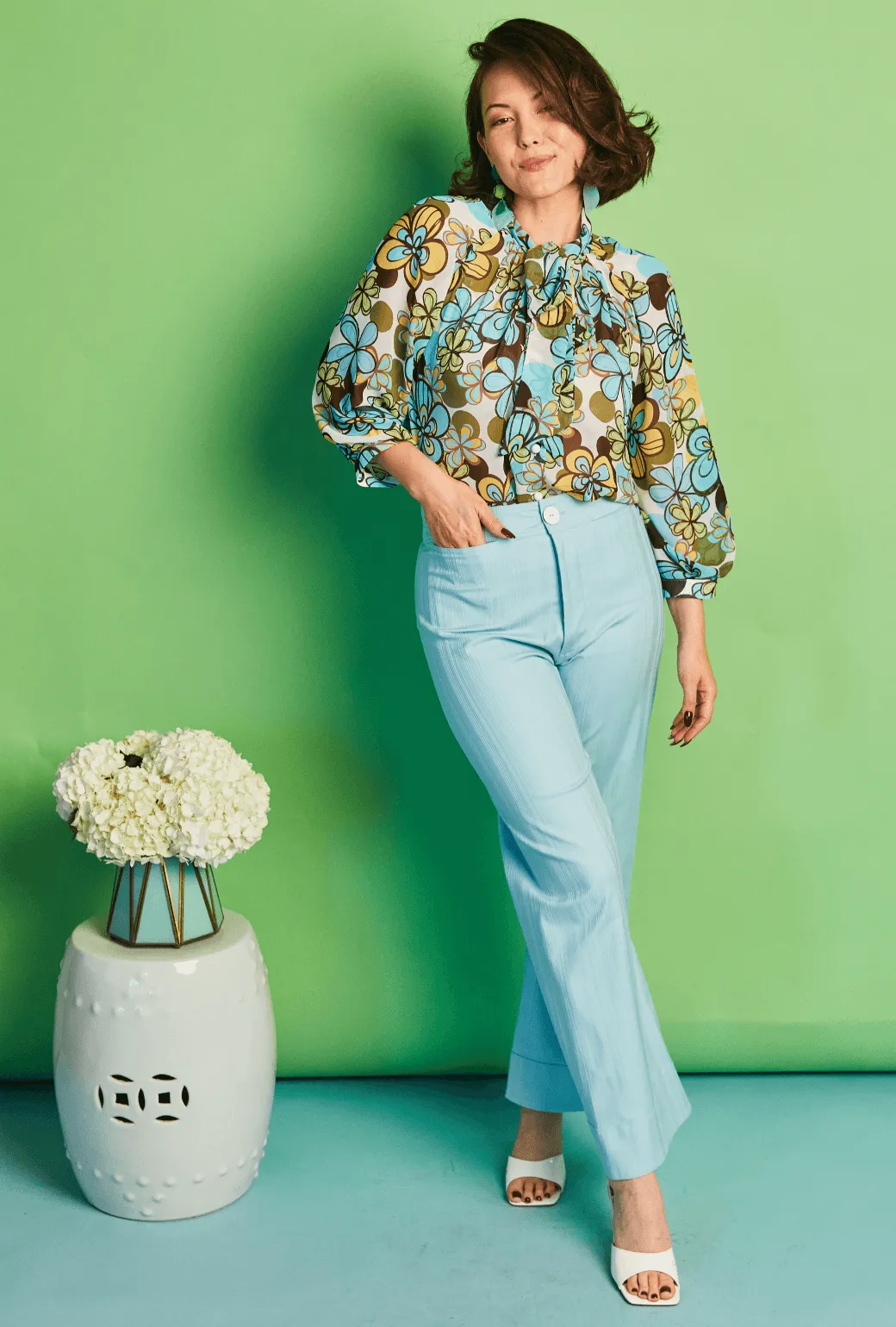 Big Bow Blouse - Aqua Daisy