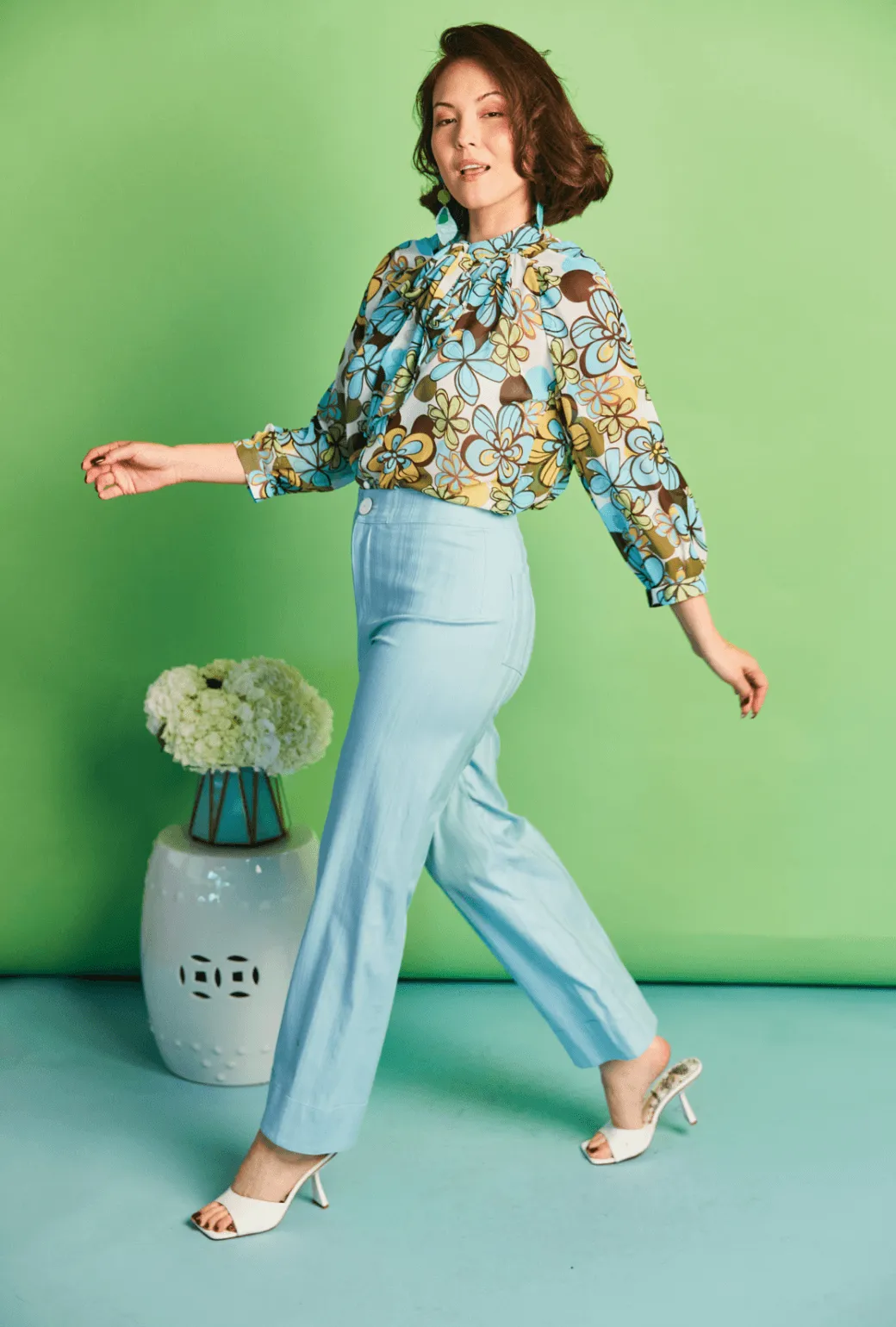 Big Bow Blouse - Aqua Daisy