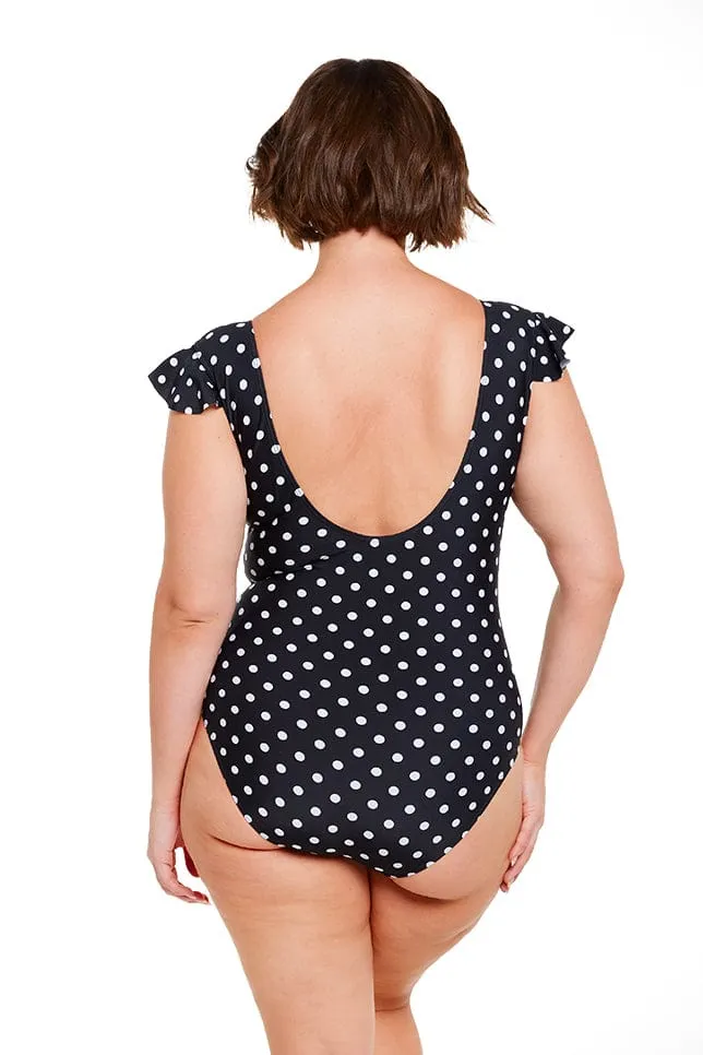 Black and White Dots V Neck Frill One Piece