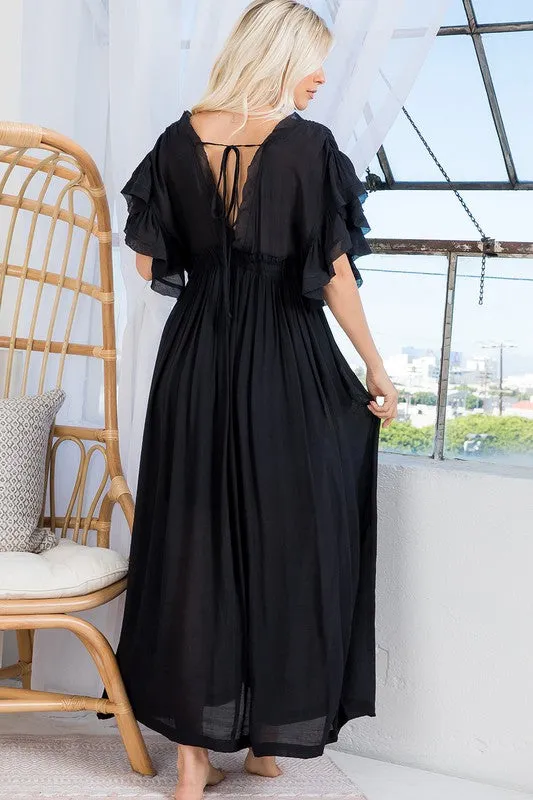 Black Deep V Neck Ruffle Maxi Dress