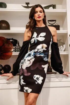 Black Floral Print Cold Shoulder Balloon Sleeve Bodycon Mini Dress /3-2-1