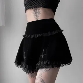 Black Goth Embroidery Lace Trim Mini Skirt