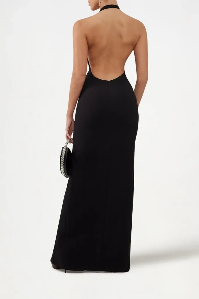 Black Halter Plunge Trendy Neckline Slit Maxi Dress