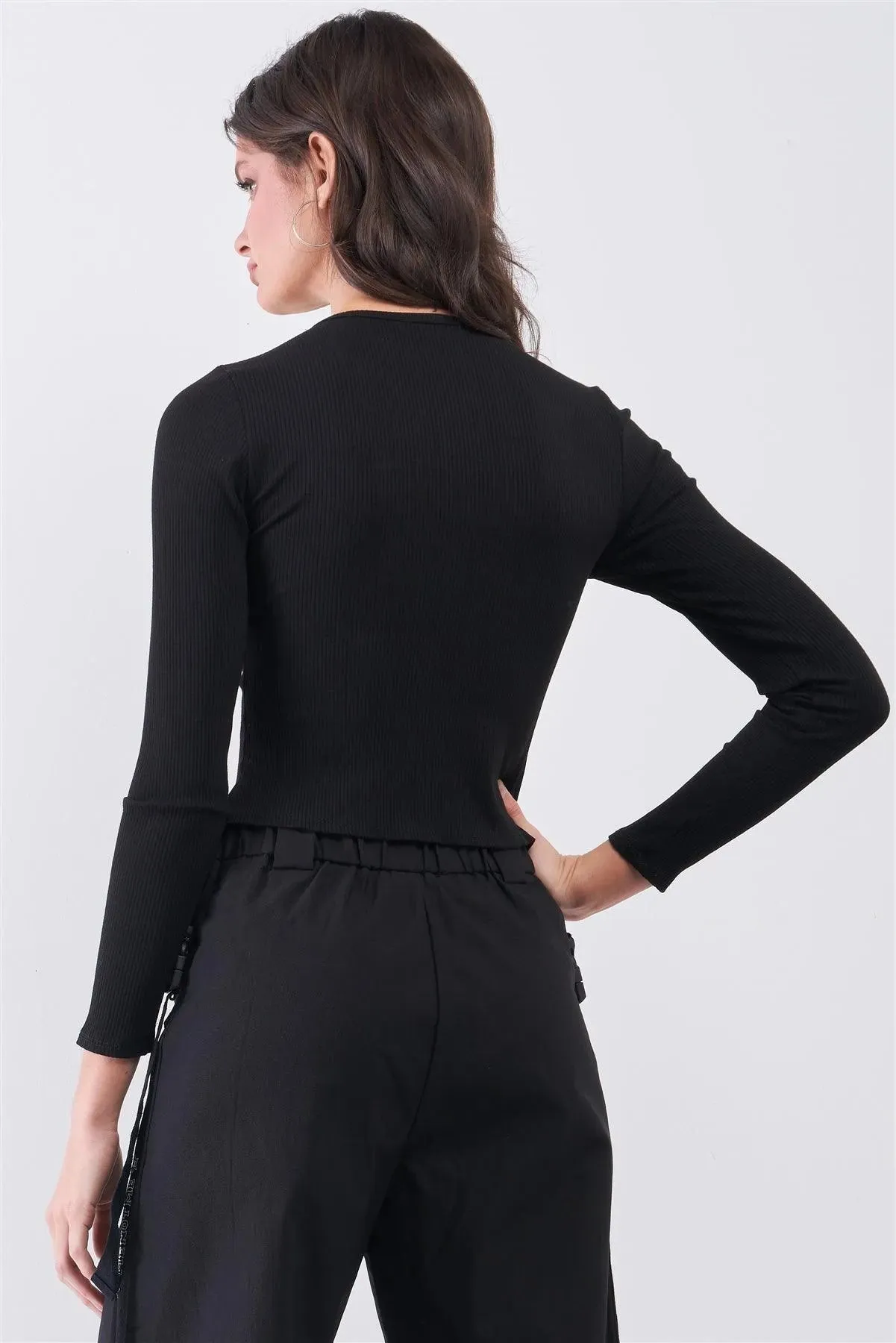 Black Ribbed Long Sleeve Front Belly Button Slit Detail Top /2-1-1