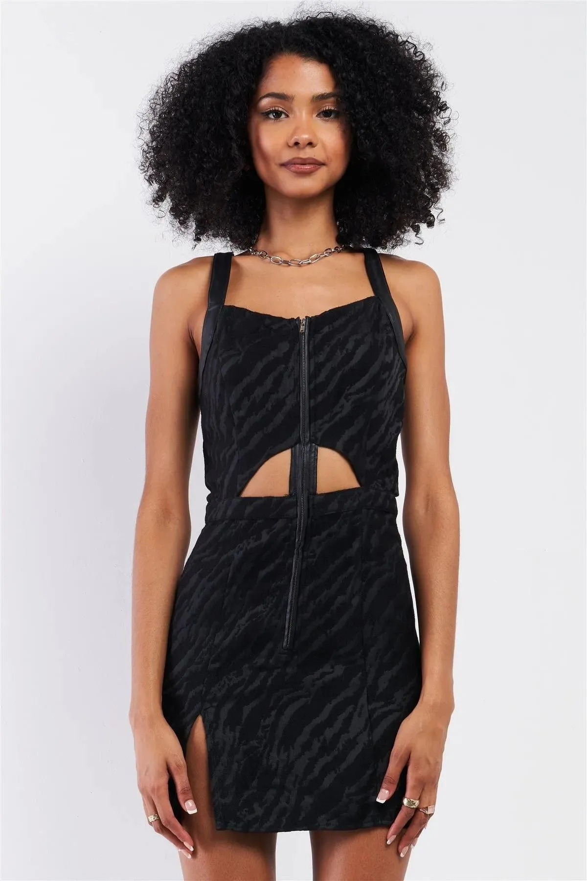 Black Zebra Print Sleeveless Soft V-Neck Front Vegan Leather Zipper Detail Cut Out Details Mini Dress /1-1-2-1