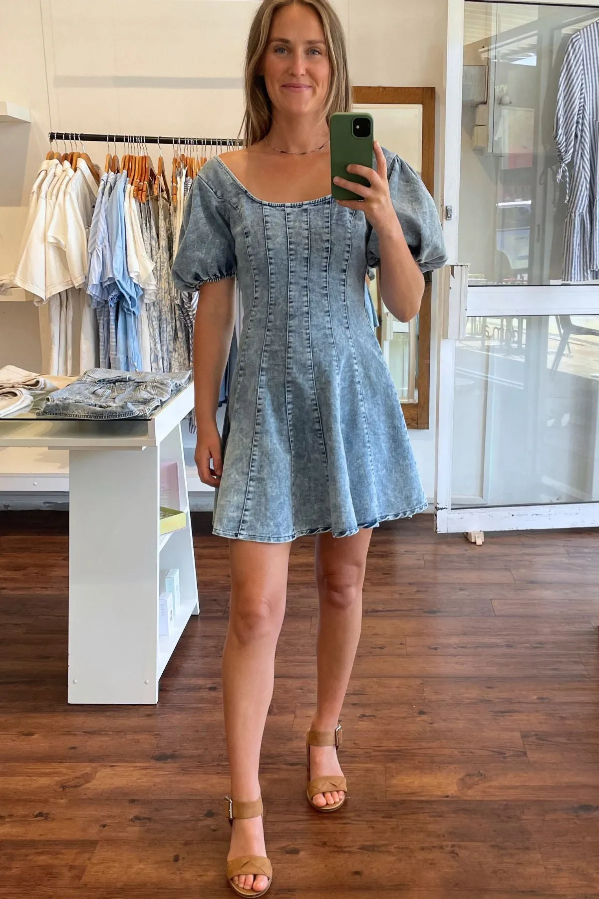 Blaze Puff Sleeve Fitted Bodice Short Denim Dress in Blue Wash