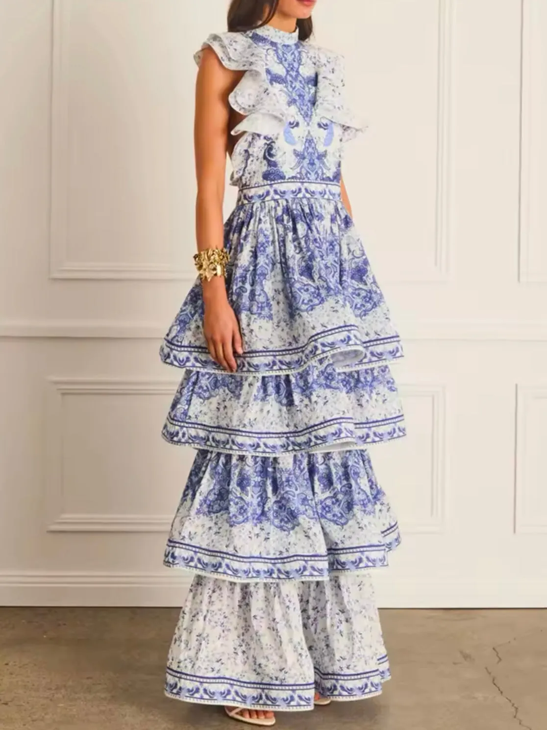 Blue and white ruffle layered maxi dress