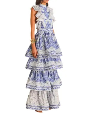 Blue and white ruffle layered maxi dress