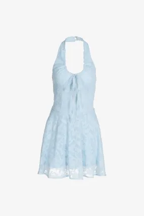 Blue Halter Lace Skater Dress