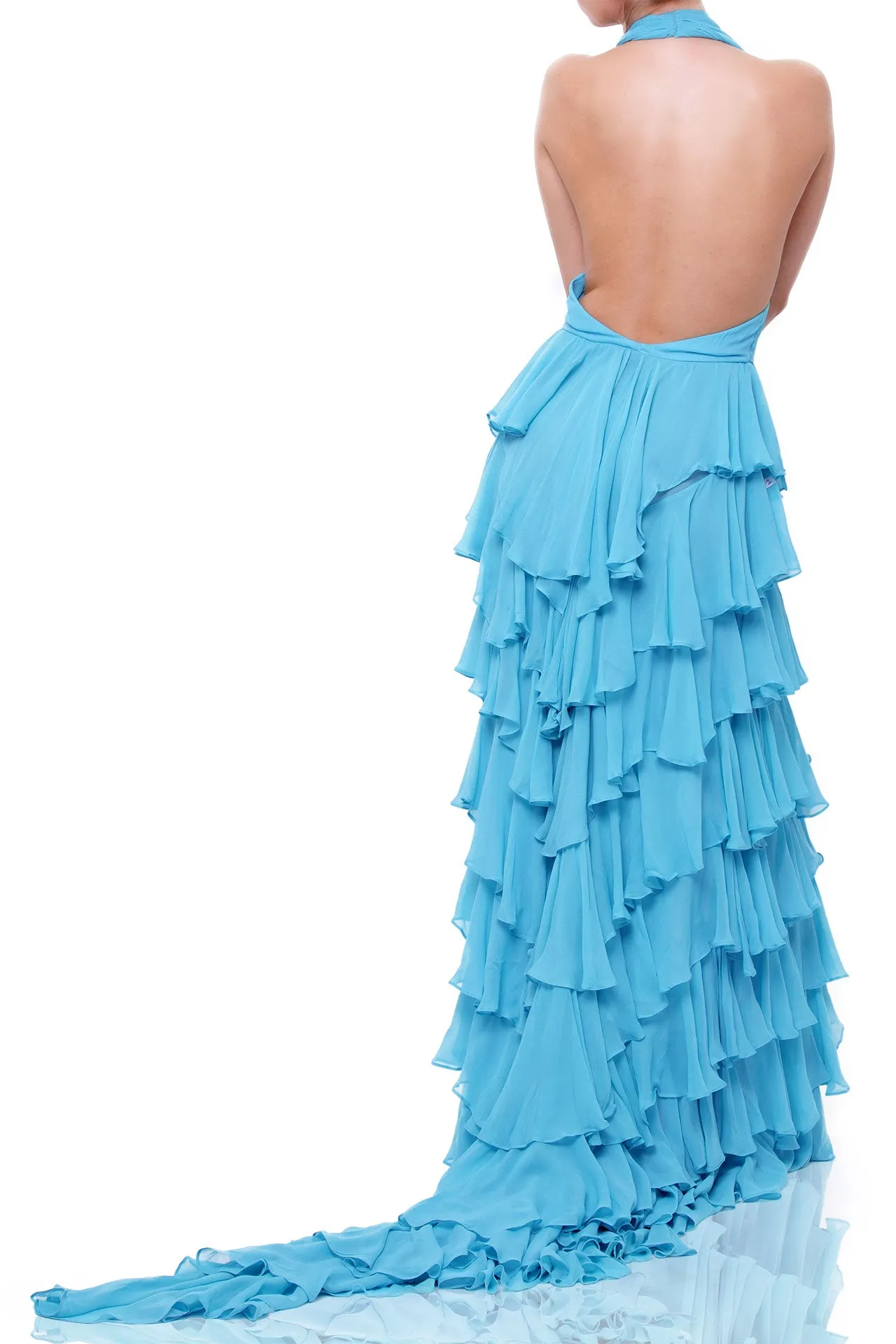 Blue Ruffle Long Halter Neck Maxi