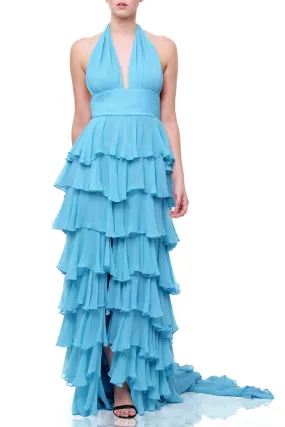 Blue Ruffle Long Halter Neck Maxi