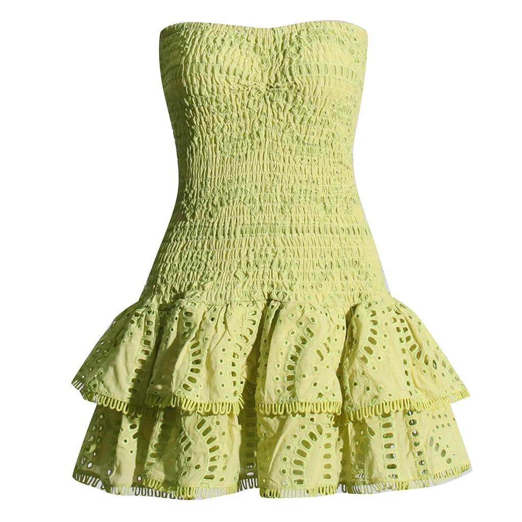 Boho Strapless Smocked Broderie Anglaise Tiered Ruffled Vacation Mini Dress