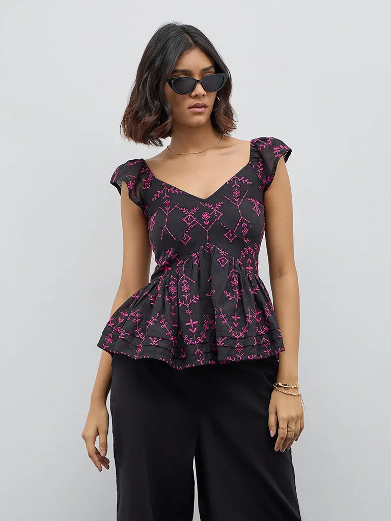 Bombay Paisley Black Schiffli Peplum Cotton Blend Top