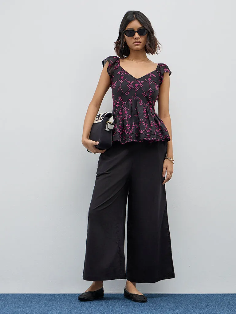 Bombay Paisley Black Schiffli Peplum Cotton Blend Top