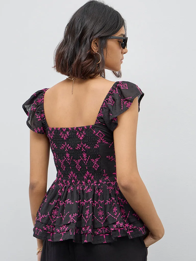 Bombay Paisley Black Schiffli Peplum Cotton Blend Top