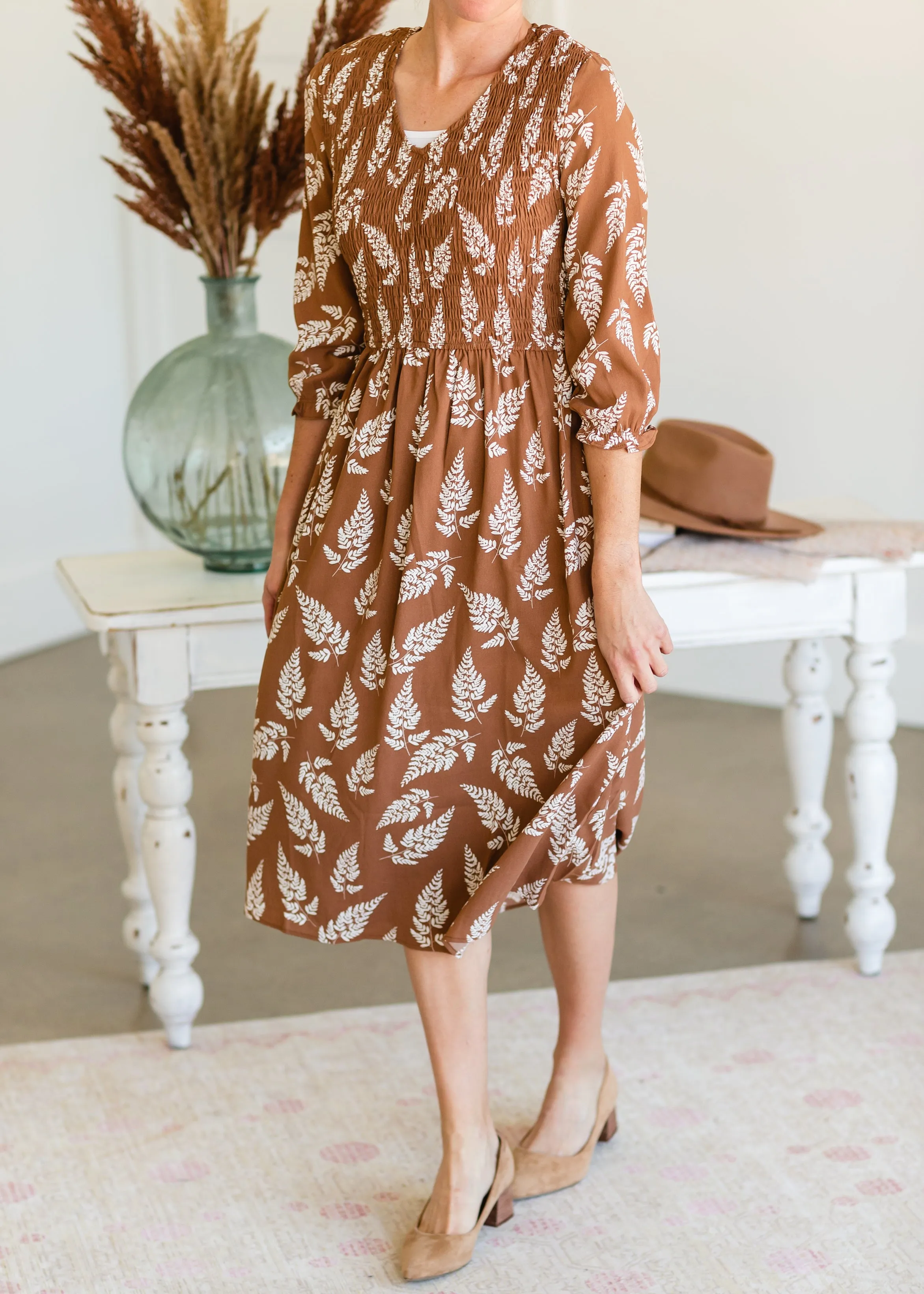 Brown V-Neck Smocked Midi Dress - FINAL SALE