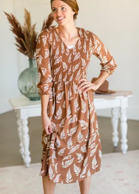 Brown V-Neck Smocked Midi Dress - FINAL SALE