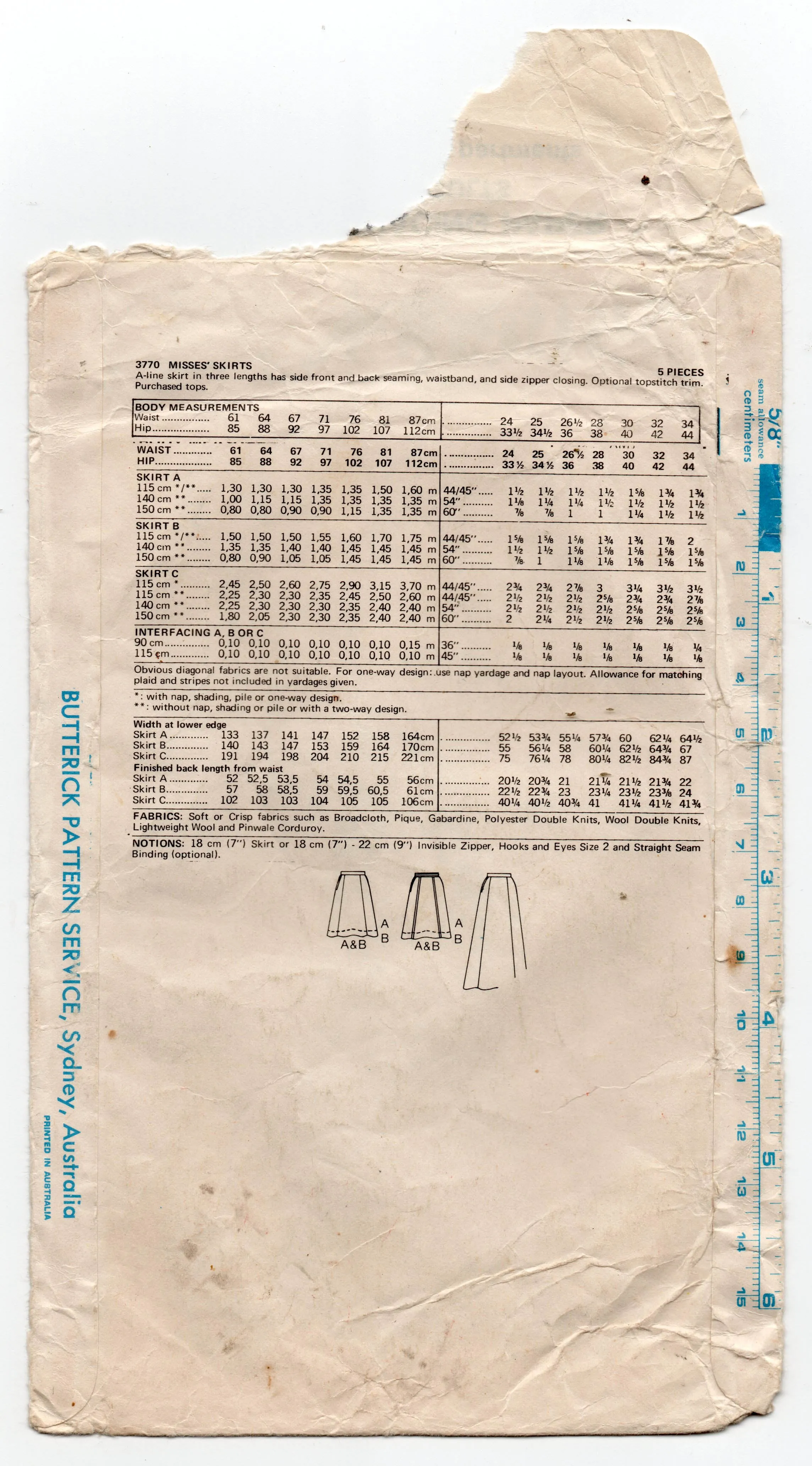 Butterick 3770 Womens A Line Panel Skirt in 3 Lengths 1970s Vintage Sewing Pattern Size 14 Waist 28 inches