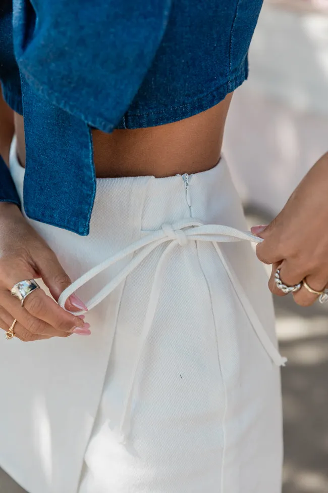 Can't Buy Me Love Side Tie Ivory Denim Skort