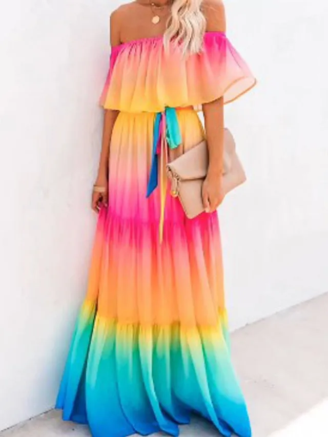 Casual Dress Swing Dress Long Dress Maxi Dress Rainbow Half Sleeve Rainbow Print Fall Spring Autumn Off Shoulder S M L XL XXL for Women