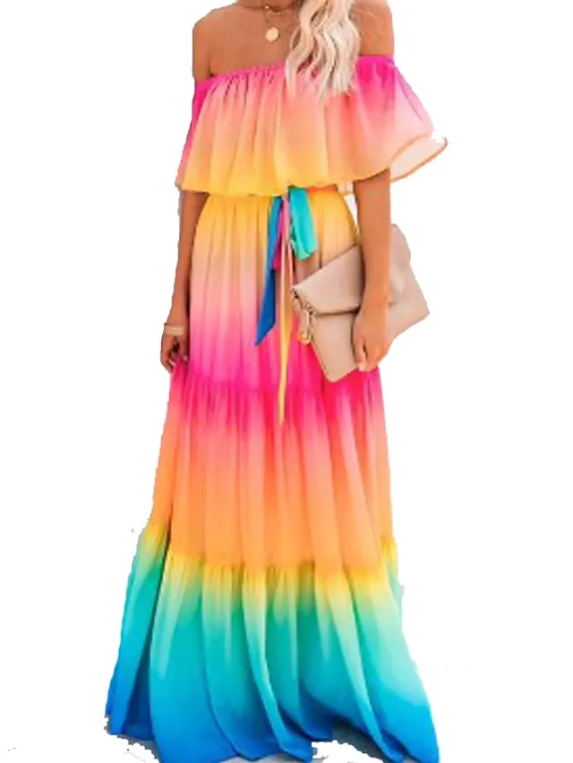 Casual Dress Swing Dress Long Dress Maxi Dress Rainbow Half Sleeve Rainbow Print Fall Spring Autumn Off Shoulder S M L XL XXL for Women